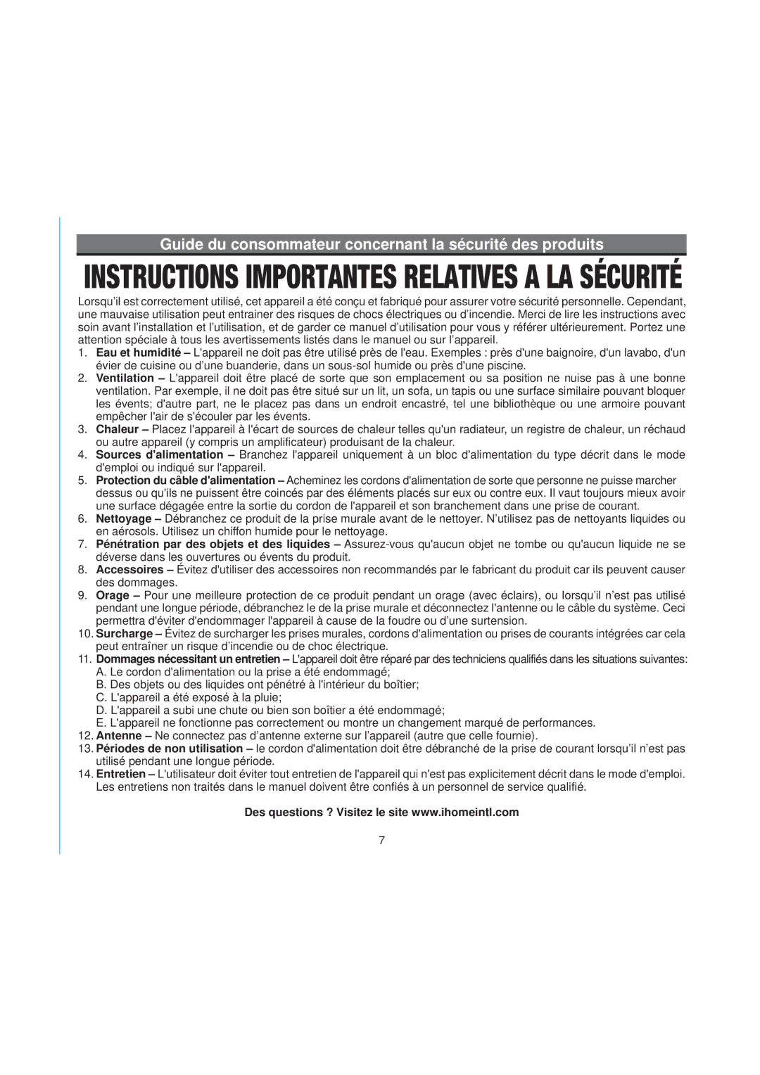 iHome iP90 Instructions Importantes Relatives a LA Sécurité, Guide du consommateur concernant la sécurité des produits 