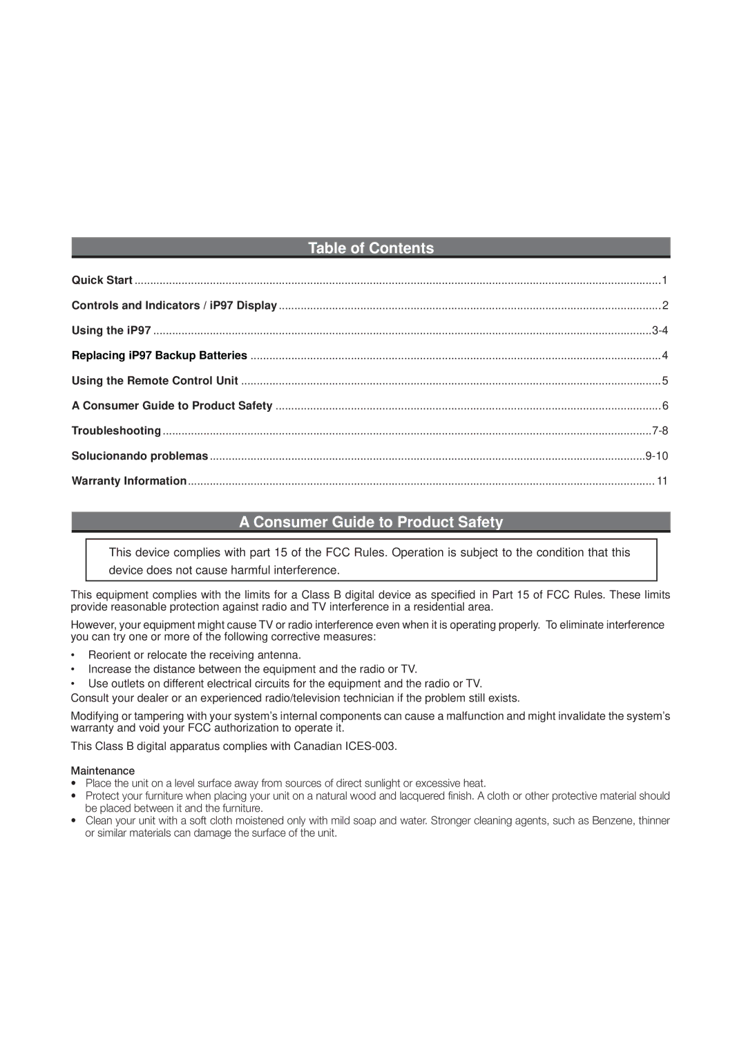 iHome IP97 manual Consumer Guide to Product Safety, Table of Contents 