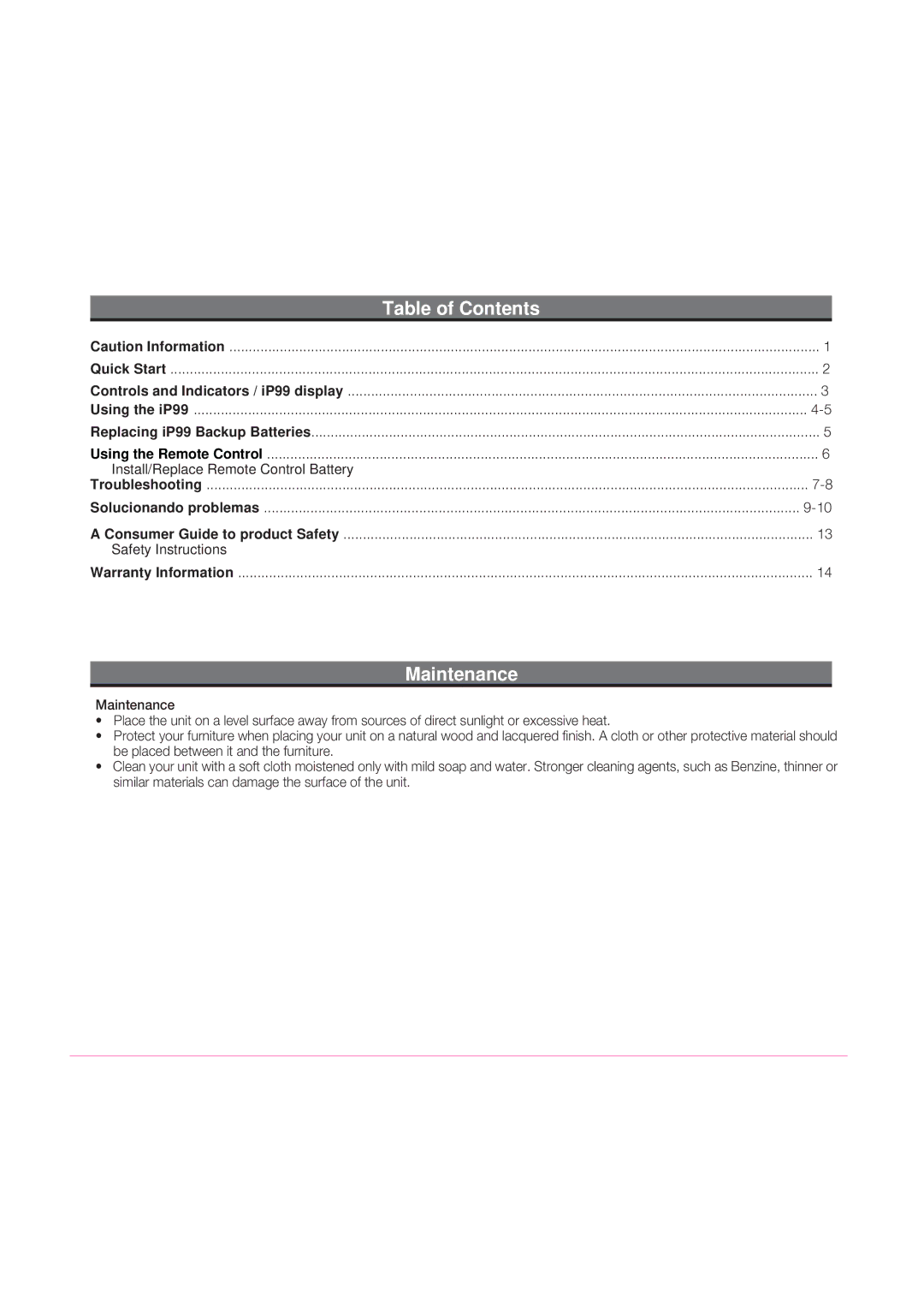 iHome iP99 IB manual Table of Contents, Maintenance 