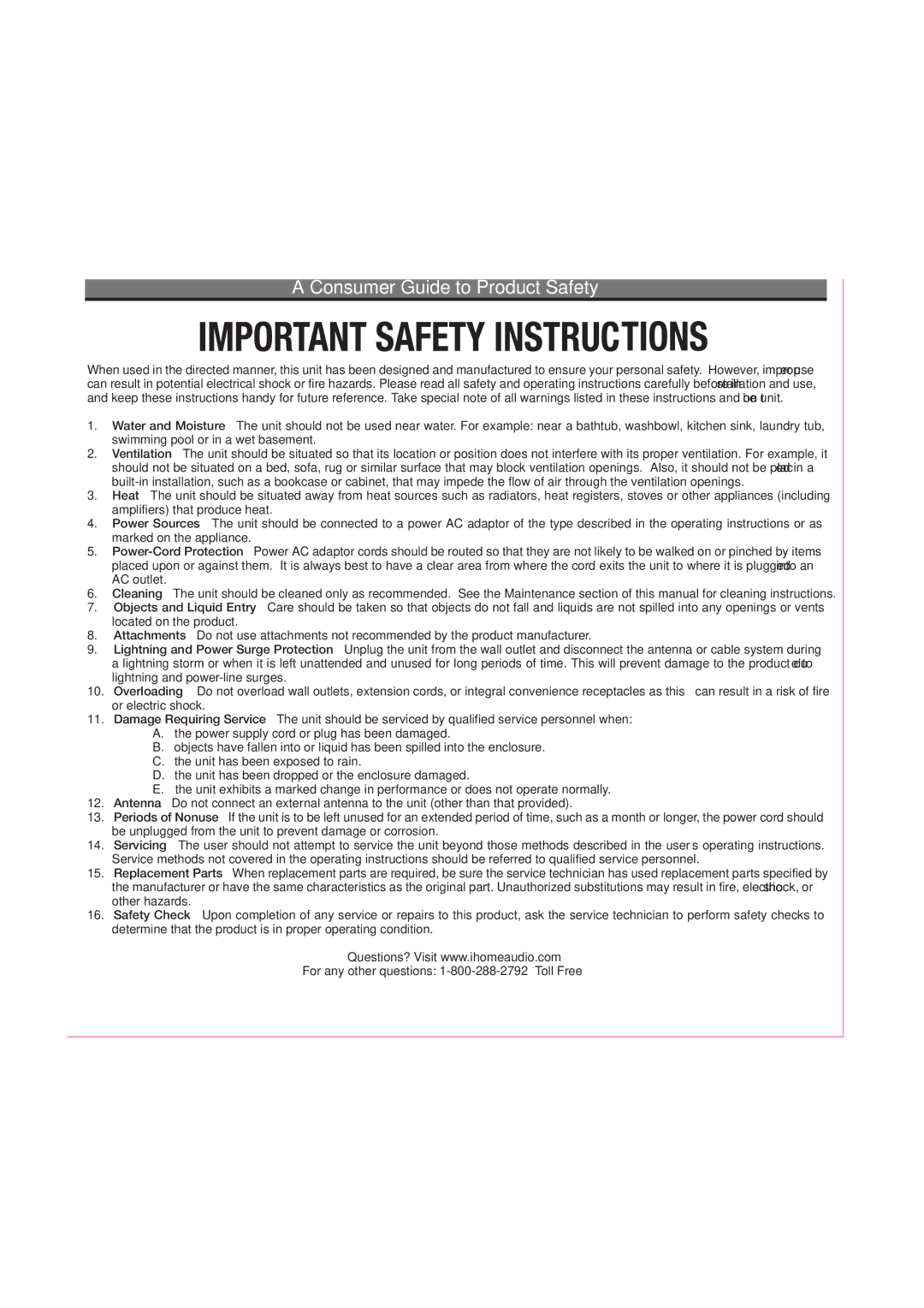 iHome iP99 manual Consumer Guide to Product Safety 