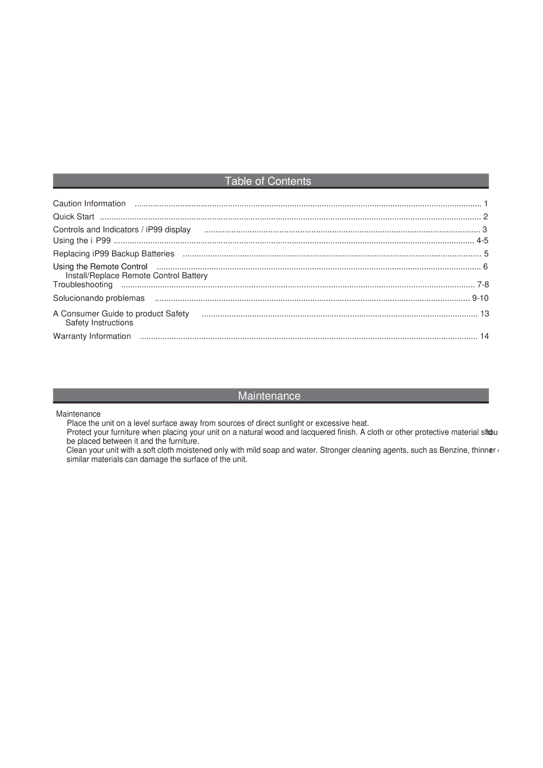 iHome iP99 manual Table of Contents, Maintenance 