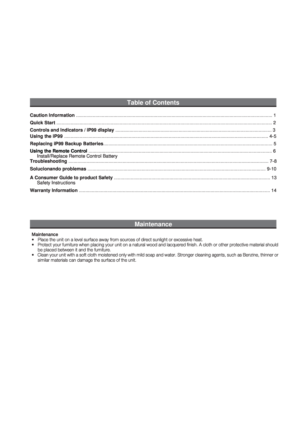 iHome iP99 manual Table of Contents, Maintenance 