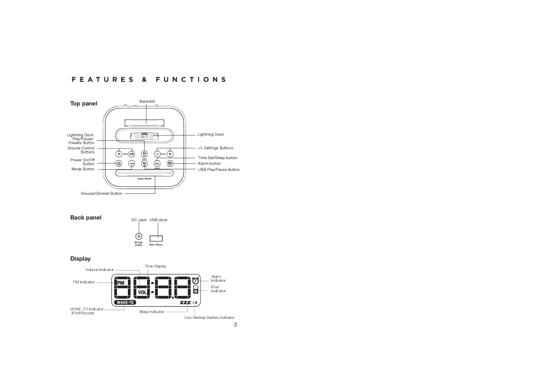 iHome IPL10 instruction manual A T U R E S & F U N C T I O N S, Top panel 