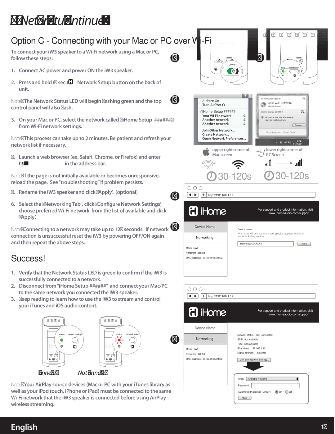 iHome user manual Option C Connecting with your Mac or PC over Wi-Fi, Connect AC power and power on the iW3 speaker 