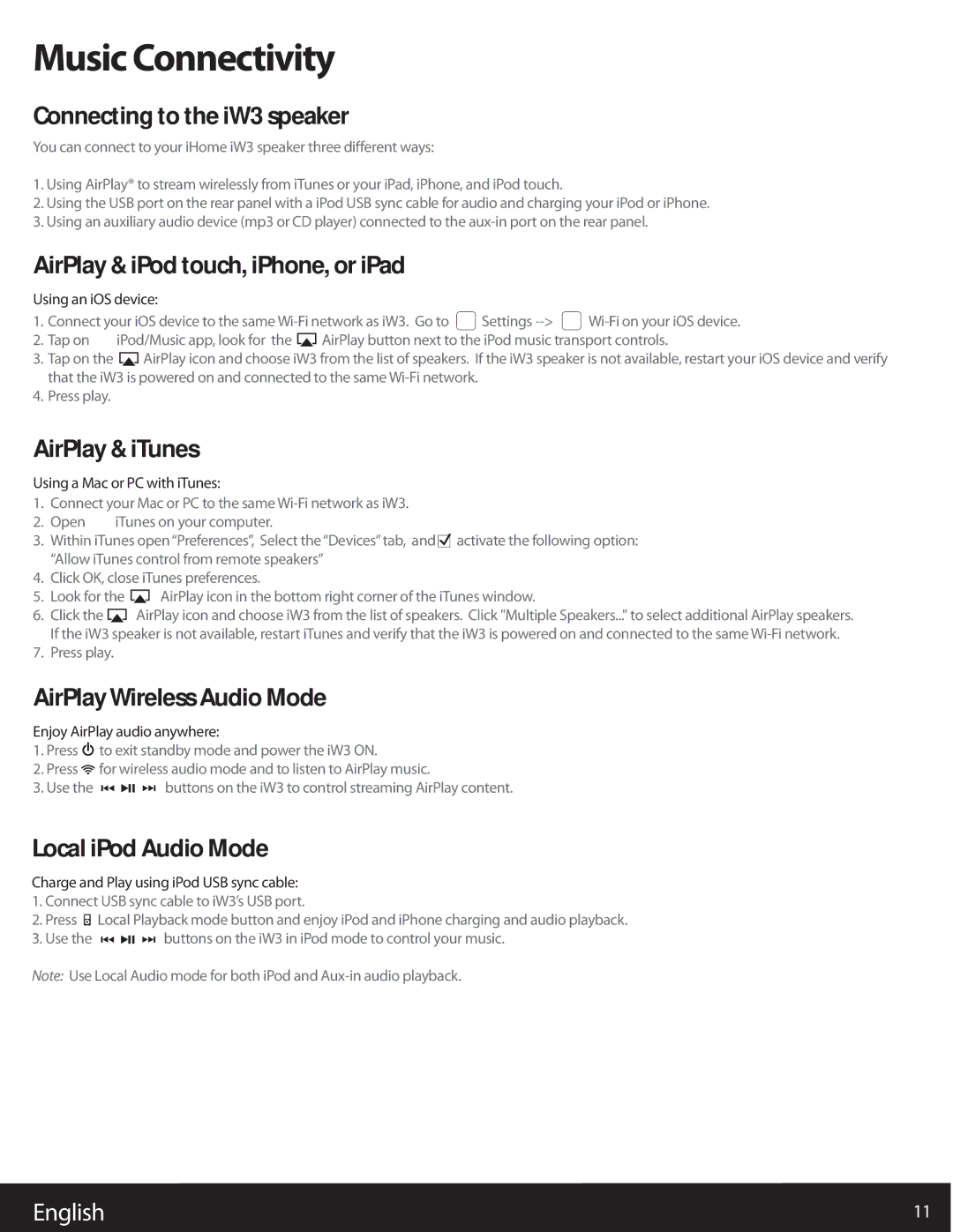 iHome iW3 user manual Music Connectivity 