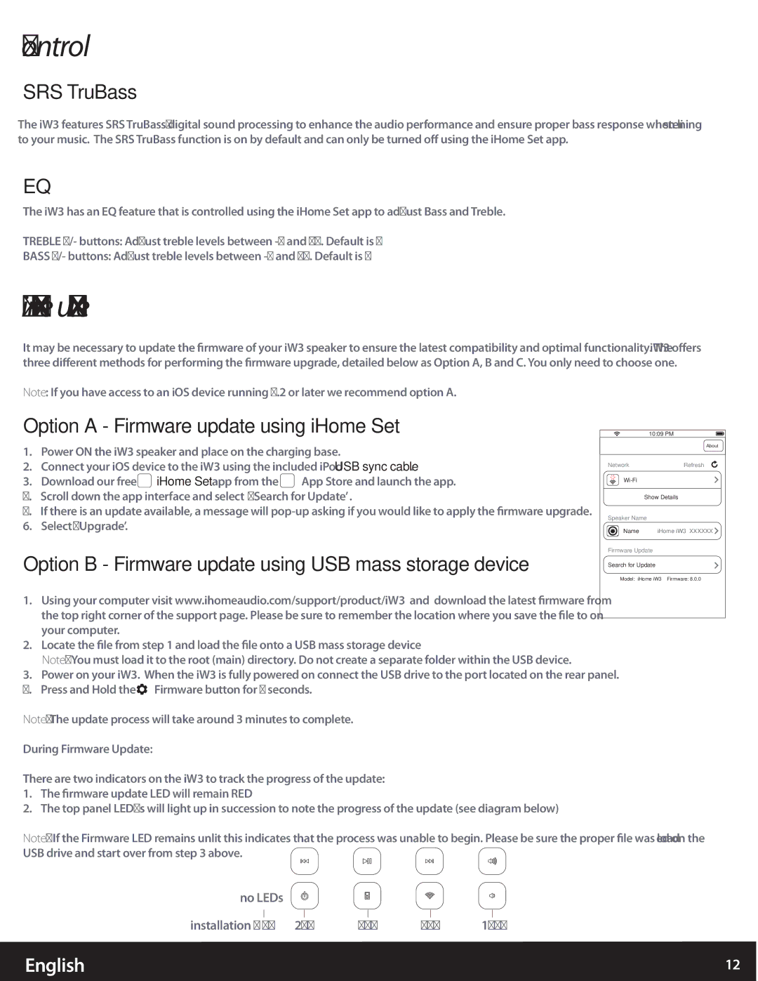 iHome iW3 user manual Control, SRS TruBass, Option a Firmware update using iHome Set 