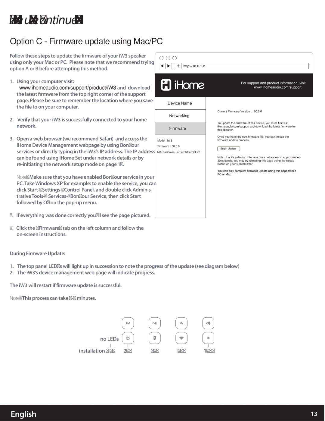 iHome iW3 user manual Option C Firmware update using Mac/PC, Networking Firmware 