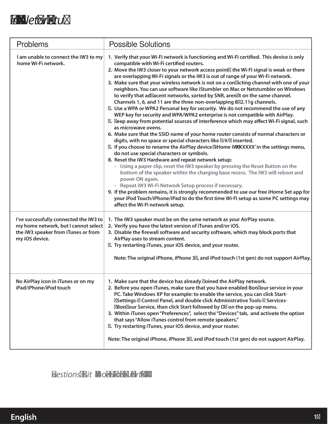 iHome iW3 user manual AirPlay & Network Setup, Problems Possible Solutions 