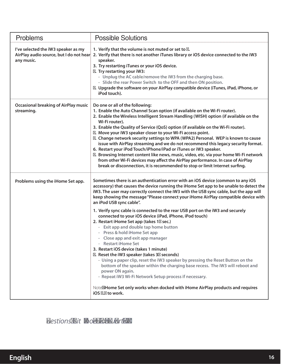 iHome user manual Unplug the AC cable/remove the iW3 from the charging base 