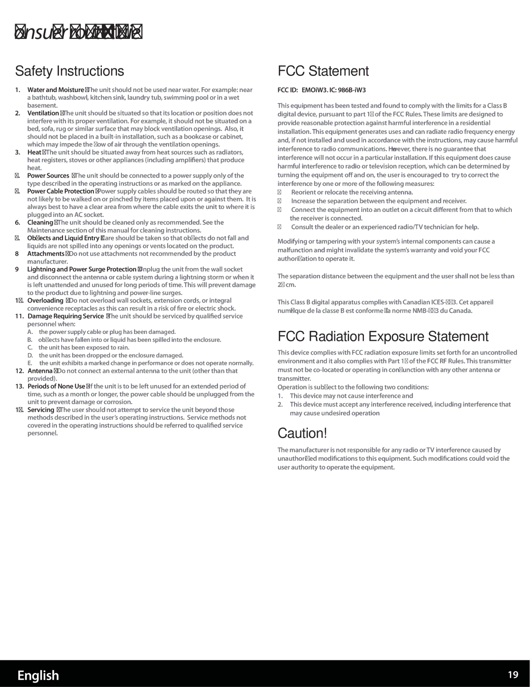 iHome iW3 user manual Consumer Product Safety Guide, Safety Instructions, FCC Statement, FCC Radiation Exposure Statement 