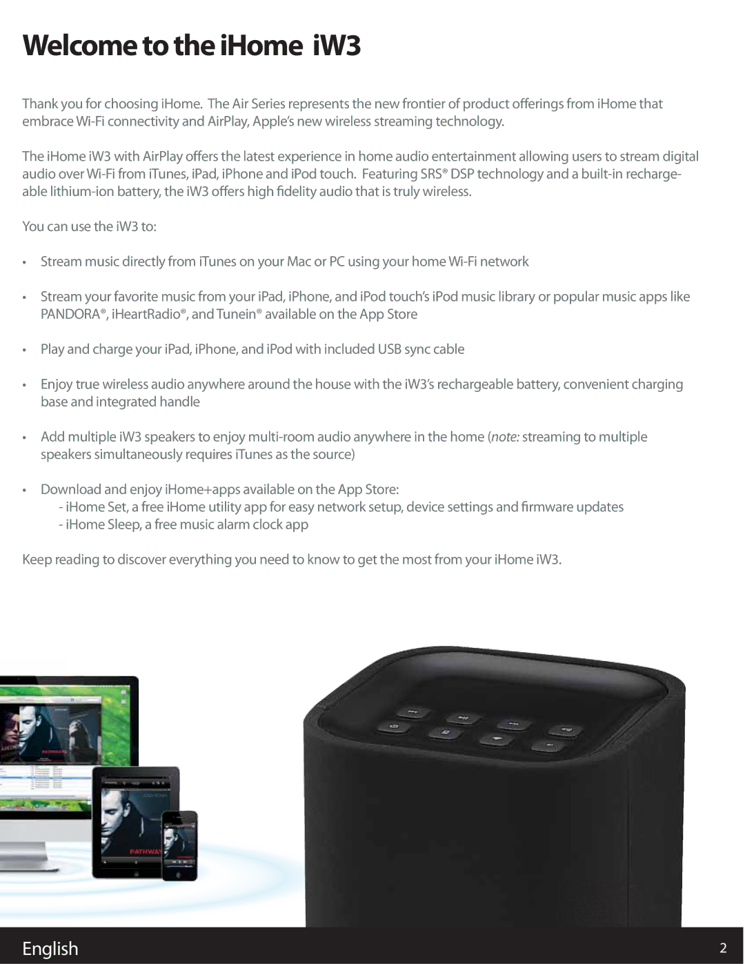 iHome user manual Welcome to the iHome iW3 