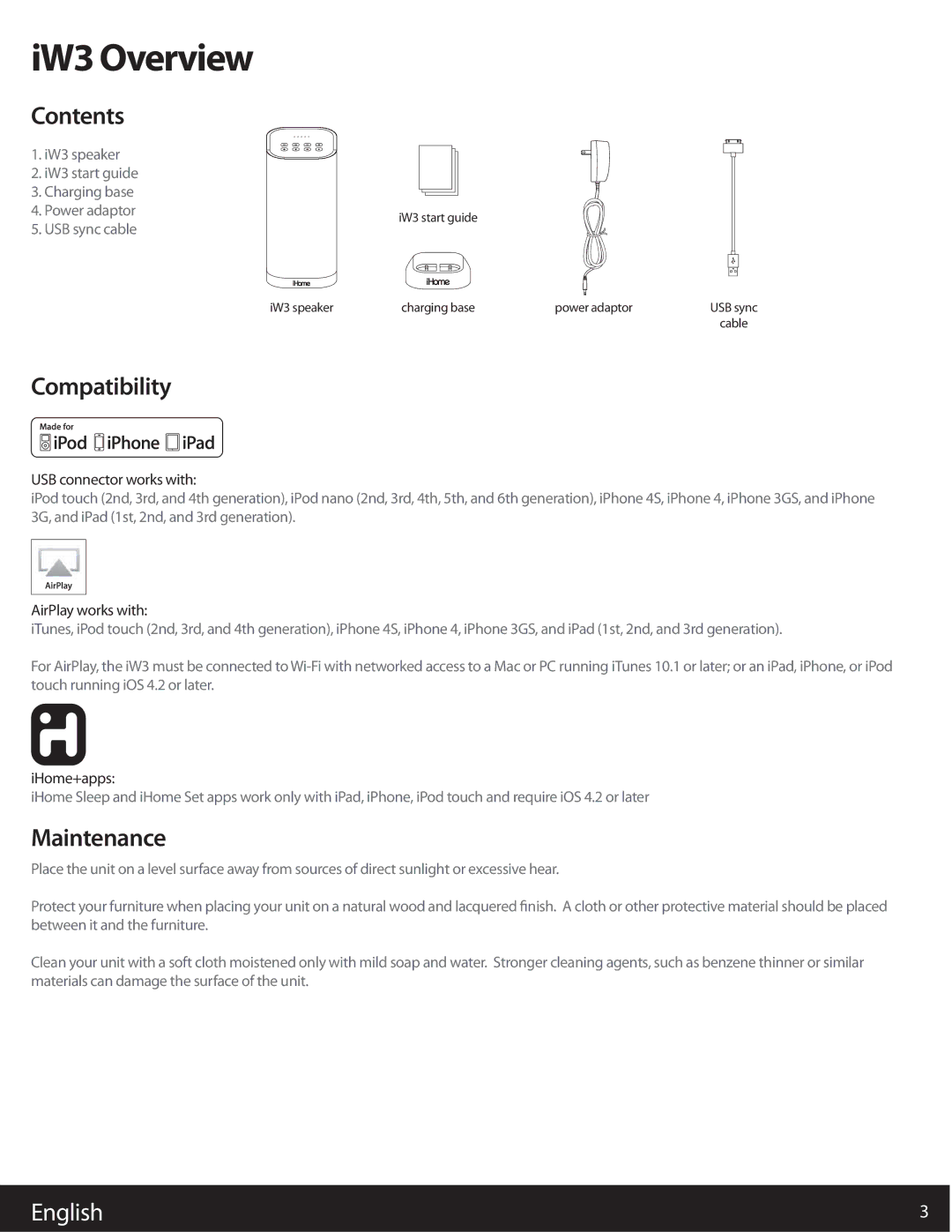 iHome iW3 user manual IW3 Overview, Contents, Compatibility, Maintenance 