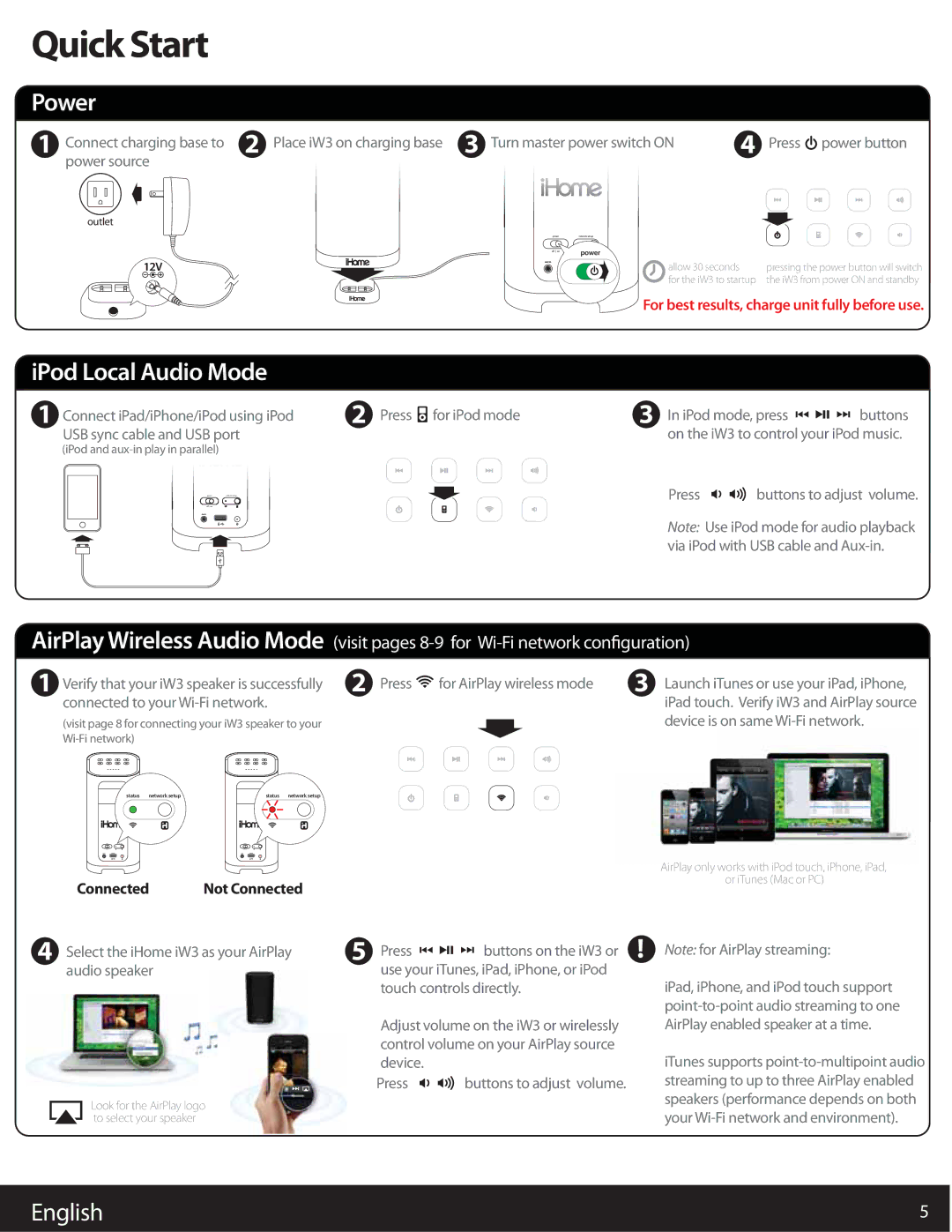 iHome iW3 user manual Quick Start, Power 