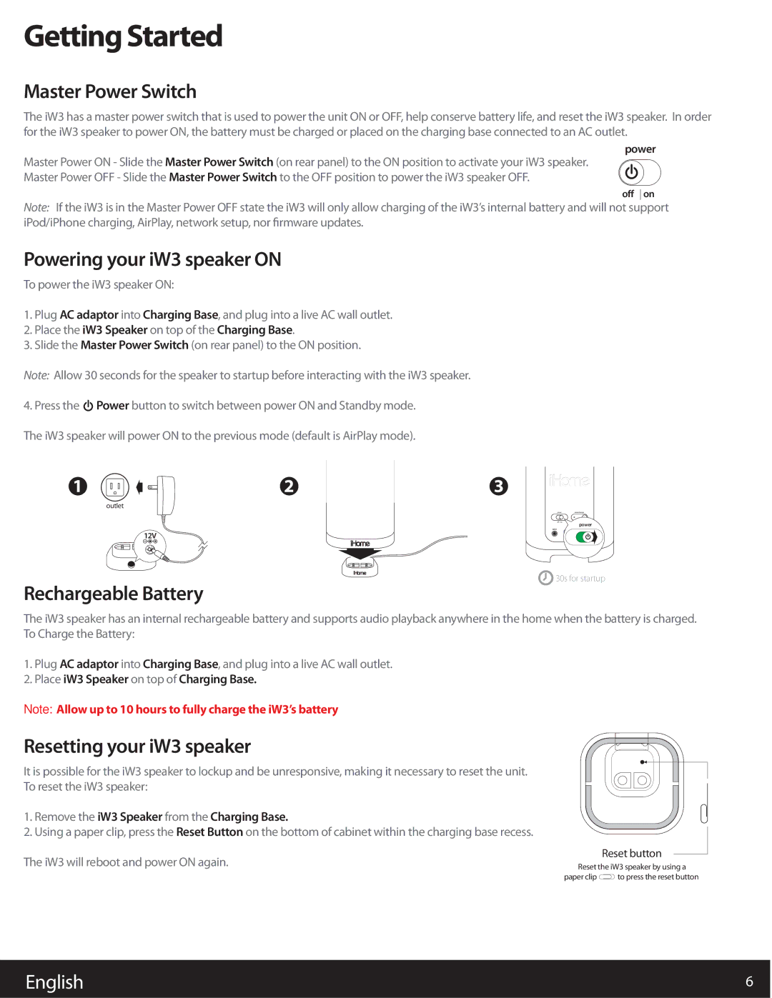 iHome user manual Getting Started, Master Power Switch, Powering your iW3 speaker on, Rechargeable Battery 