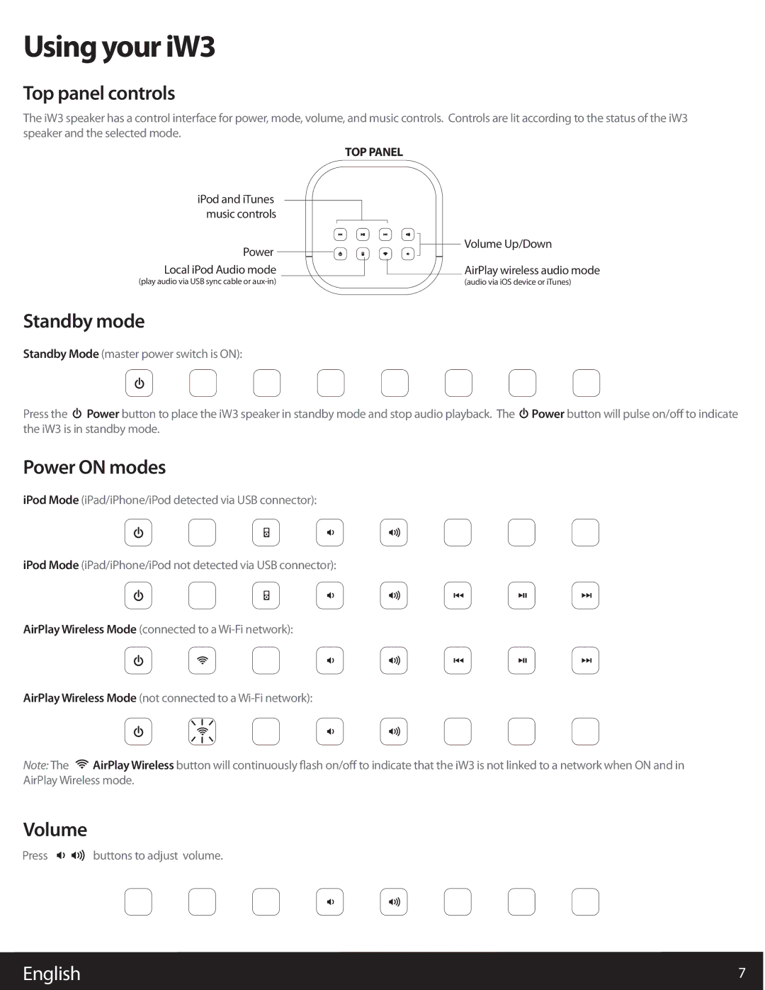 iHome user manual Using your iW3, Top panel controls, Standby mode, Power on modes, Volume 