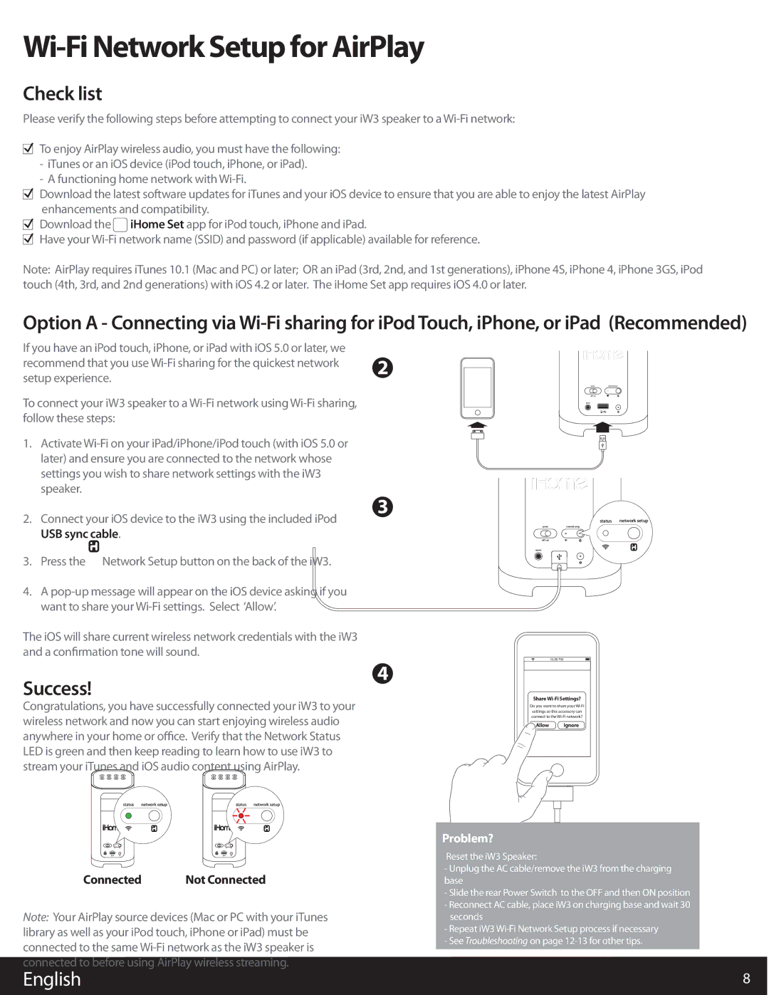 iHome iW3 user manual Wi-Fi Network Setup for AirPlay, Check list, Success, Connected 