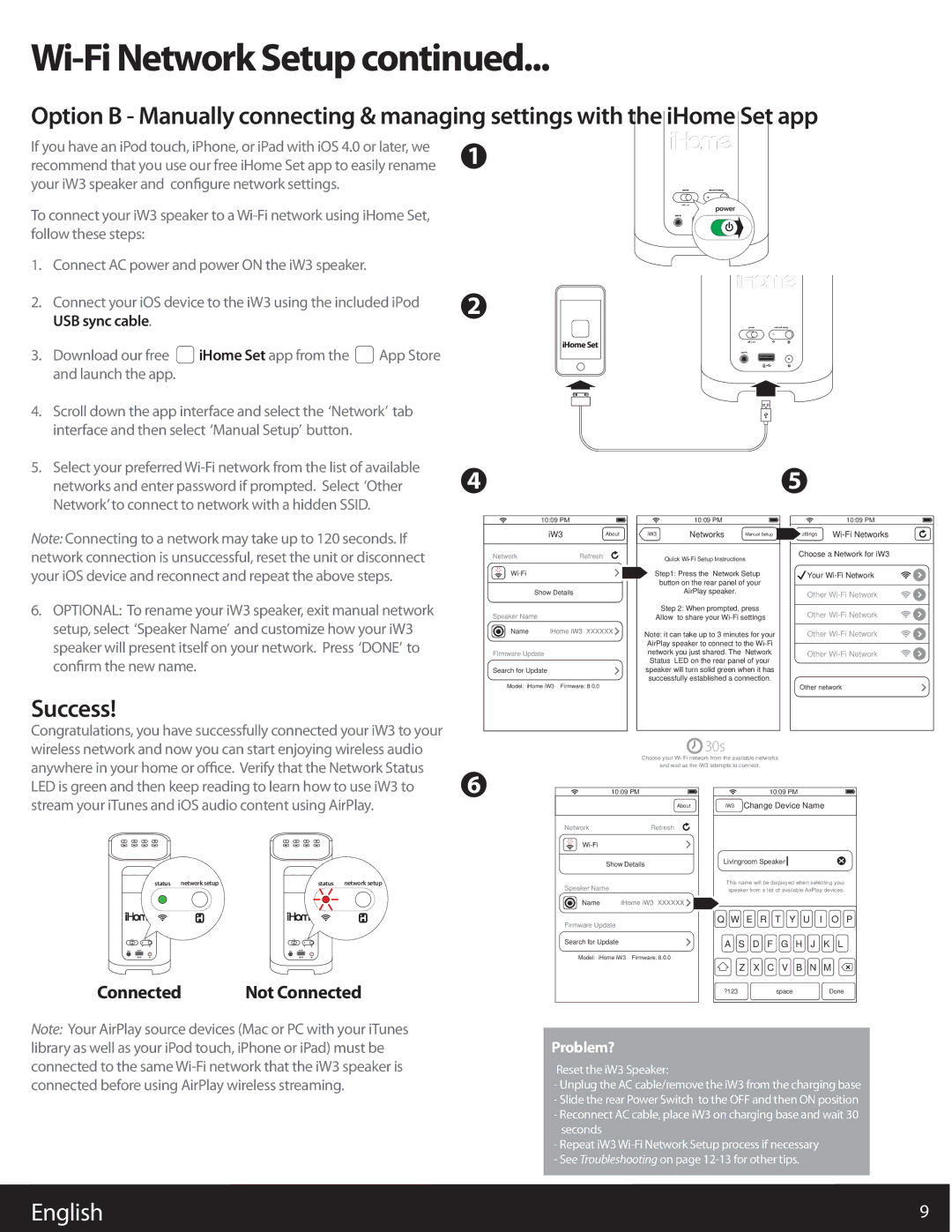 iHome iW3 user manual Wi-Fi Network Setup, Not Connected 