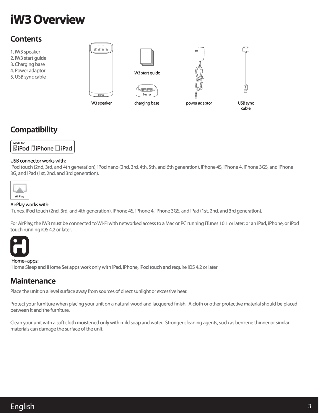 iHome user manual iW3 Overview, Contents, Compatibility, Maintenance, English 