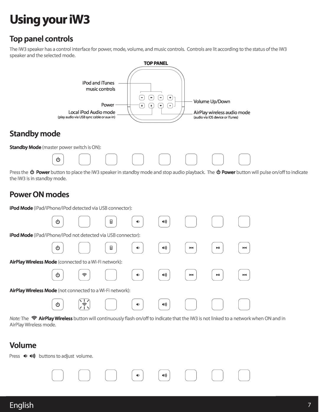 iHome user manual Using your iW3, Top panel controls, Standby mode, Power ON modes, Volume, English 