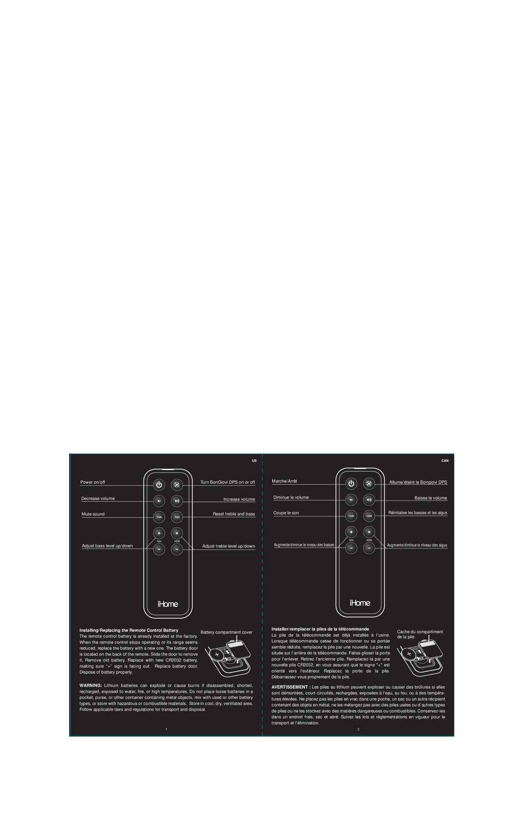 iHome Rx2 manual Installing/Replacing the Remote Control Battery, Installer/remplacer la piles de la télécommande 