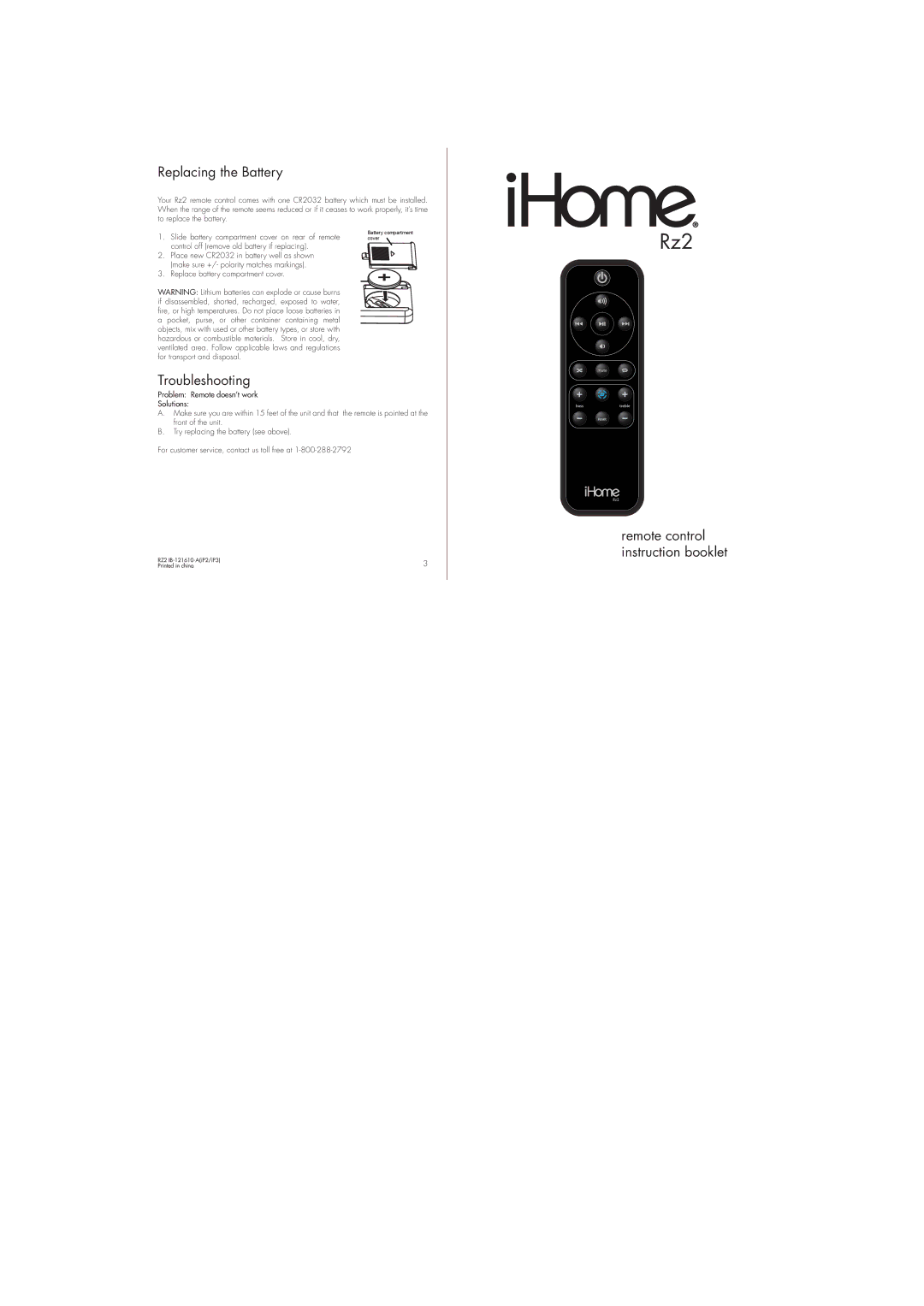 iHome RZ2 manual Rz2, Replacing the Battery, Troubleshooting, Remote control instruction booklet 