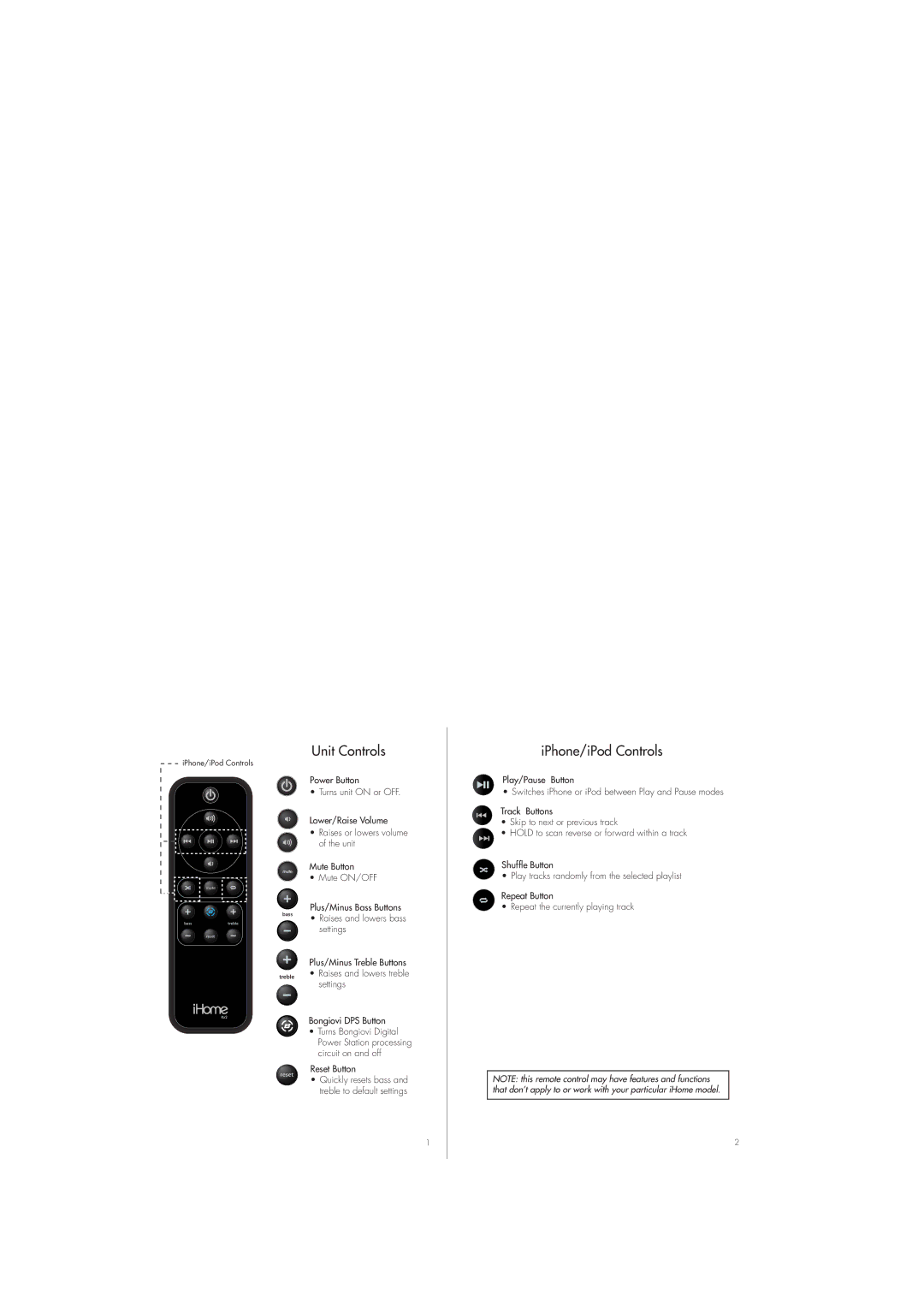 iHome RZ2 manual Unit Controls, IPhone/iPod Controls 