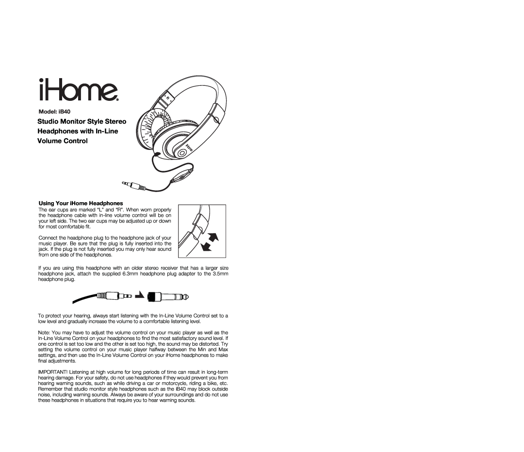 iHome studio monitor style stereo headphones with in-line volume control warranty Studio Monitor Style Stereo, Model iB40 