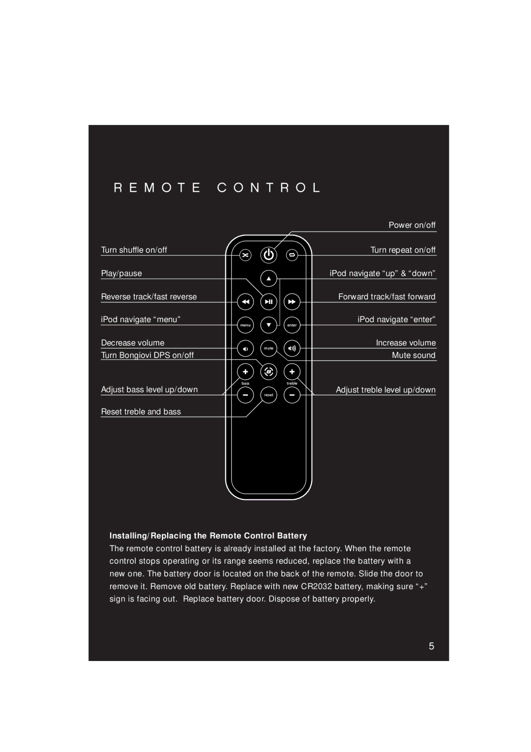 iHome Studio Series, iP1IB-033009-1 manual M O T E C O N T R O L, Installing/Replacing the Remote Control Battery 