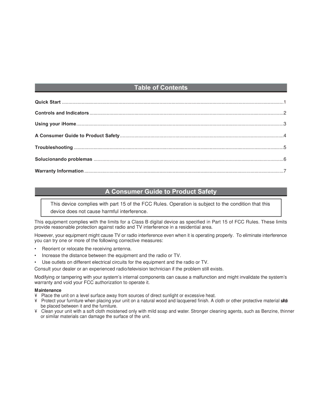 iHome ZN14 manual Table of Contents, Consumer Guide to Product Safety 