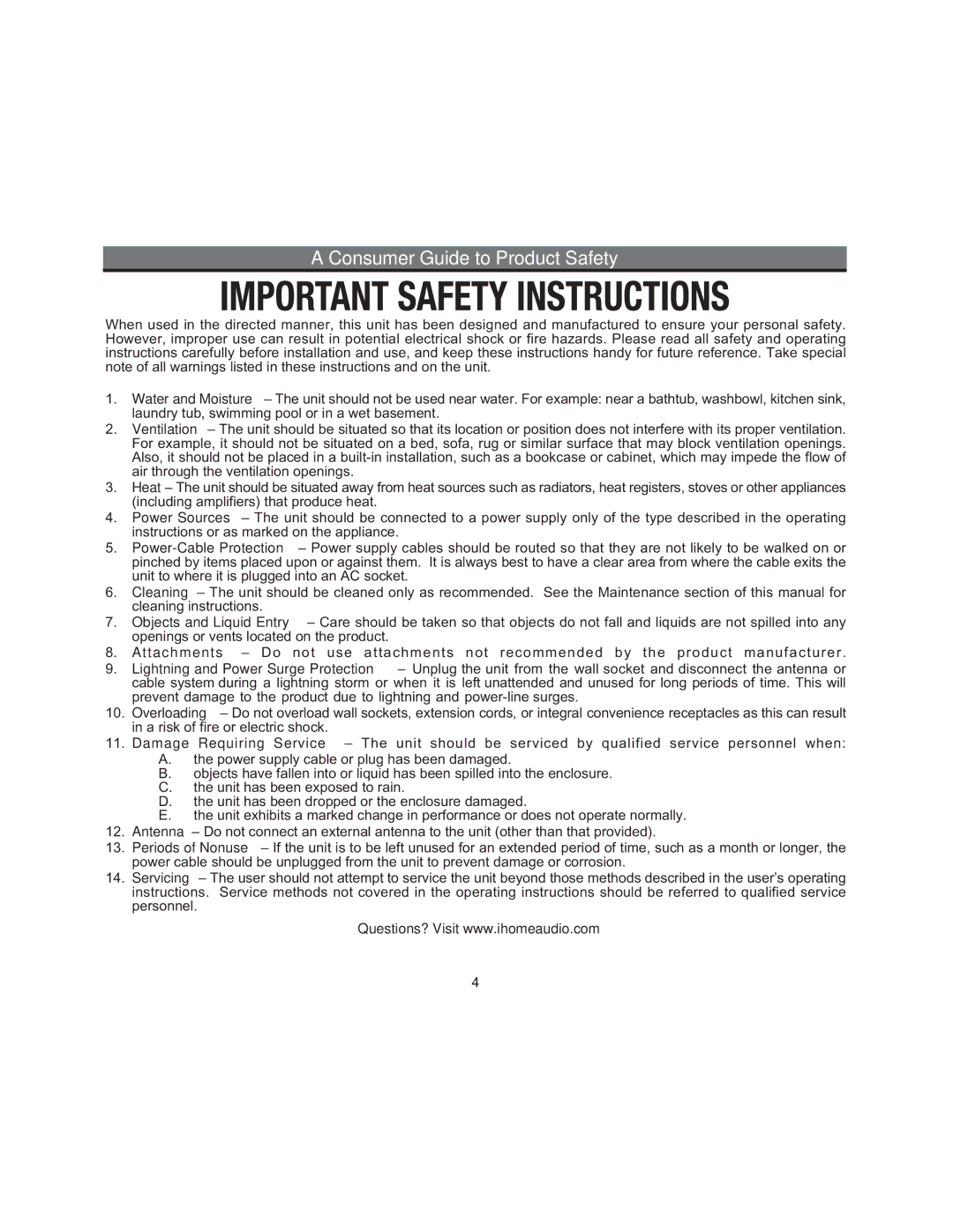 iHome ZN14 manual Consumer Guide to Product Safety 