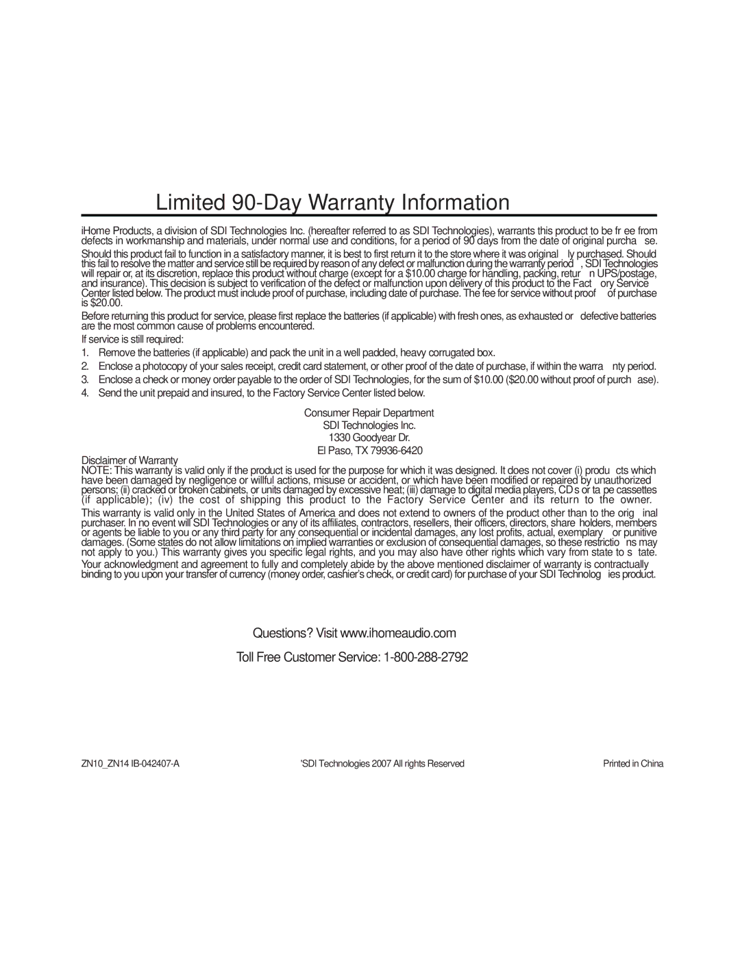 iHome ZN14 manual Limited 90-Day Warranty Information 