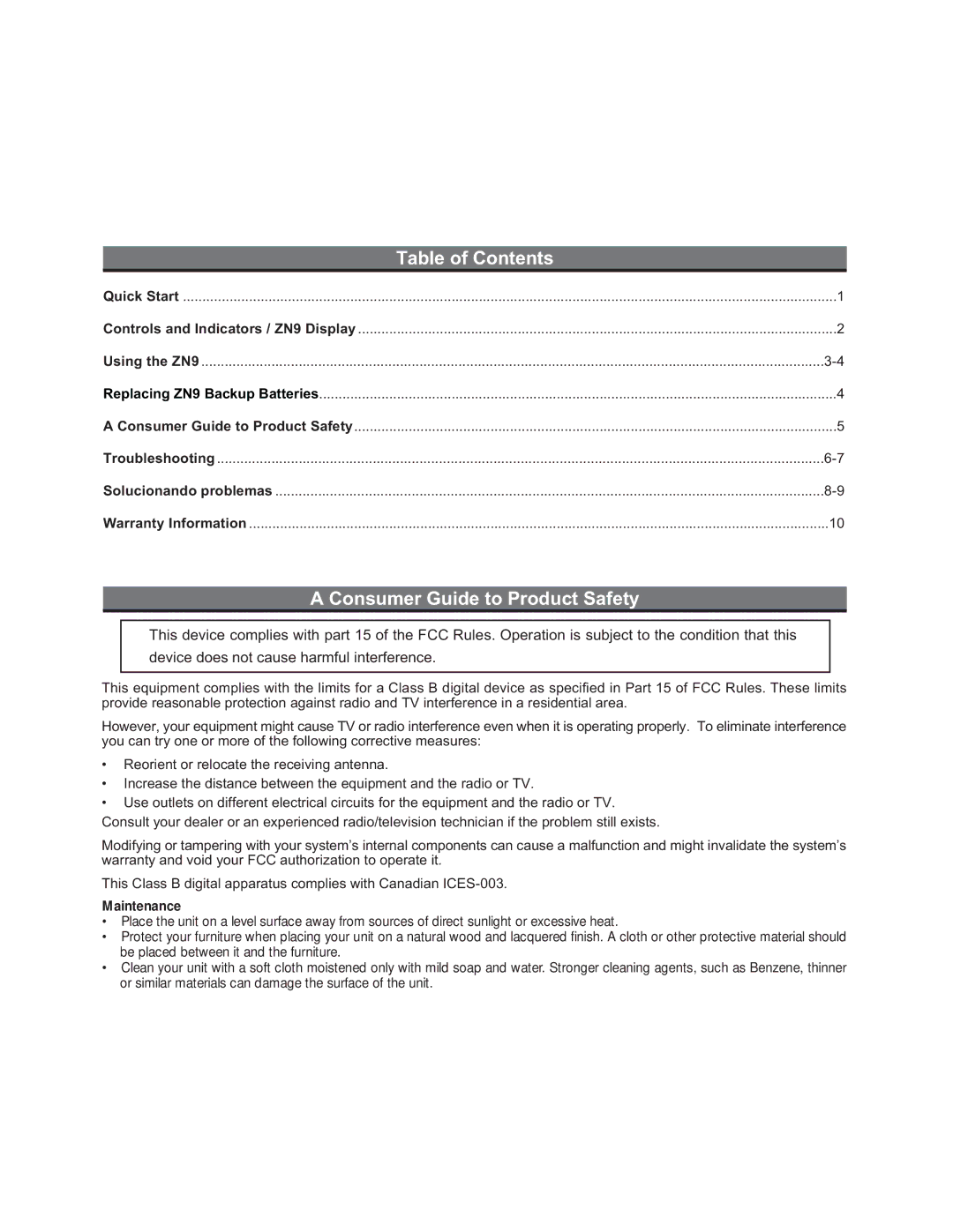 iHome ZN9 manual Table of Contents, Consumer Guide to Product Safety 