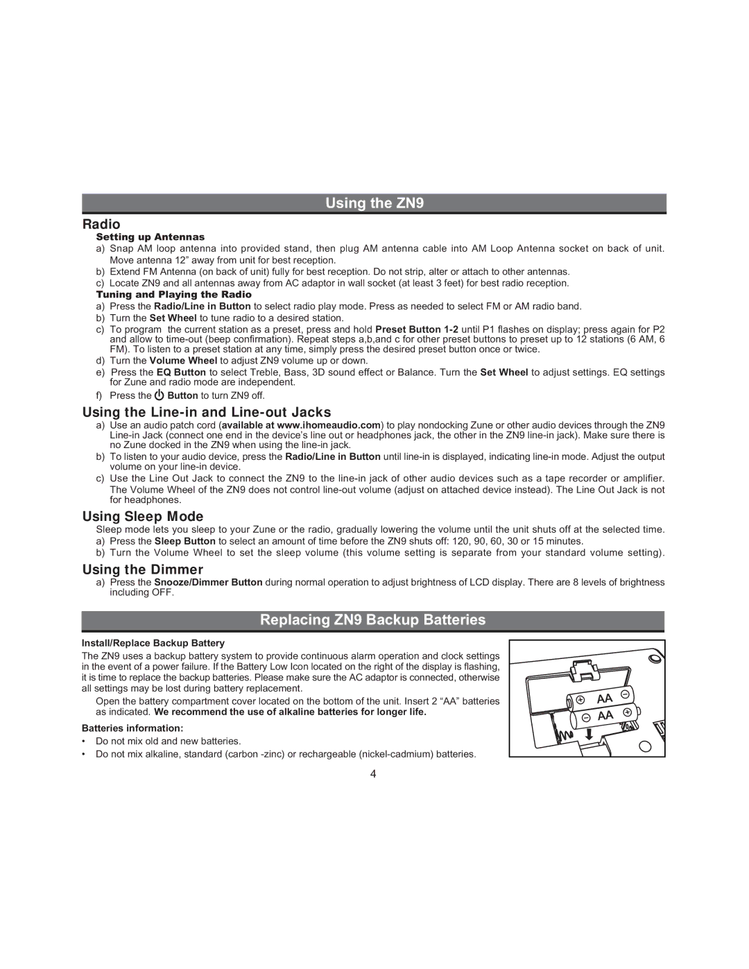 iHome manual Replacing ZN9 Backup Batteries, Radio 