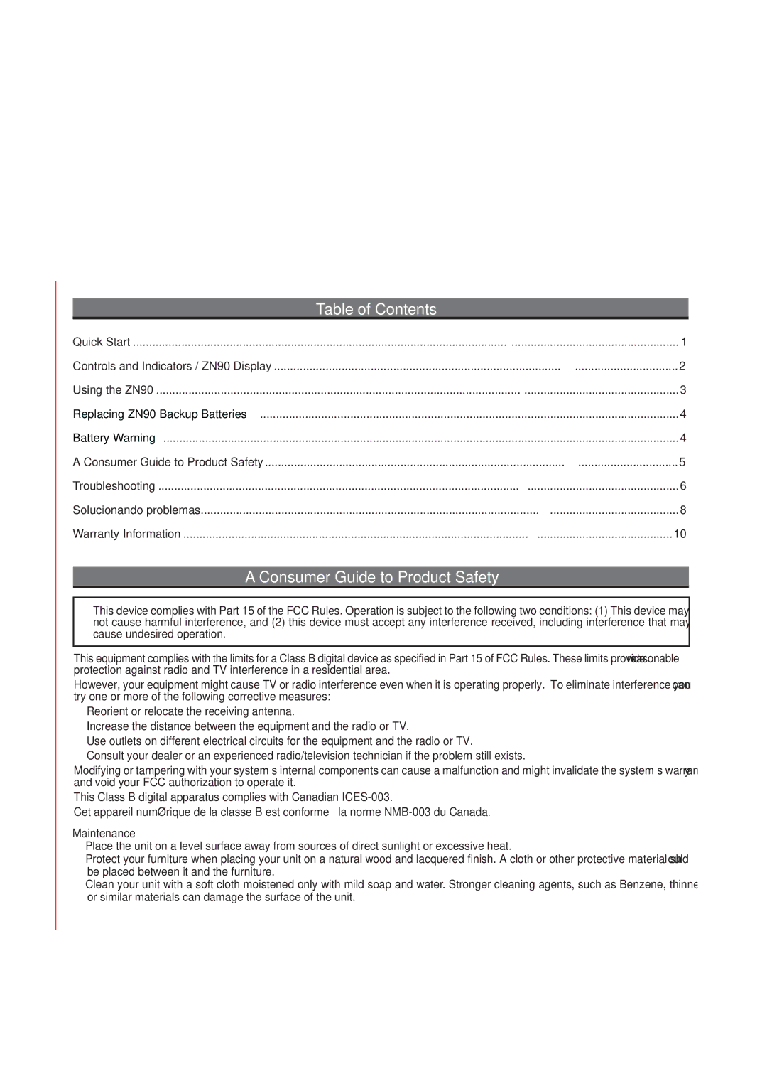 iHome ZN90 manual Consumer Guide to Product Safety, Table of Contents 