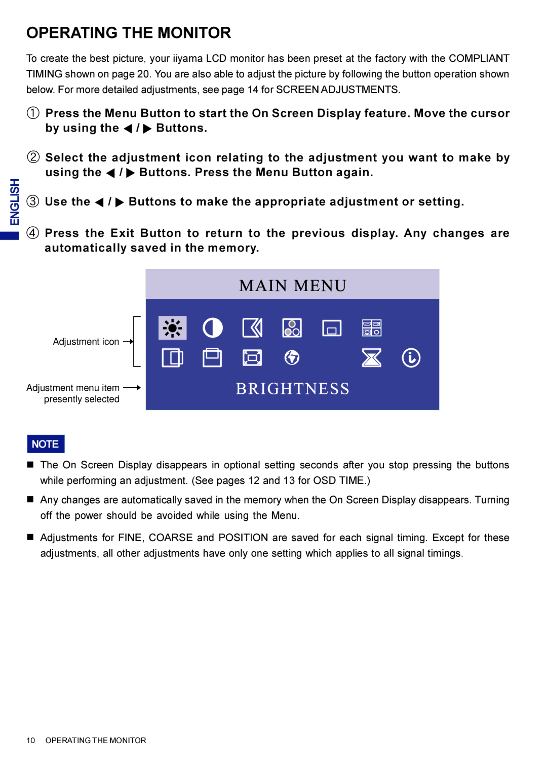 Iiyama AQ5311D BK user manual Operating the Monitor 