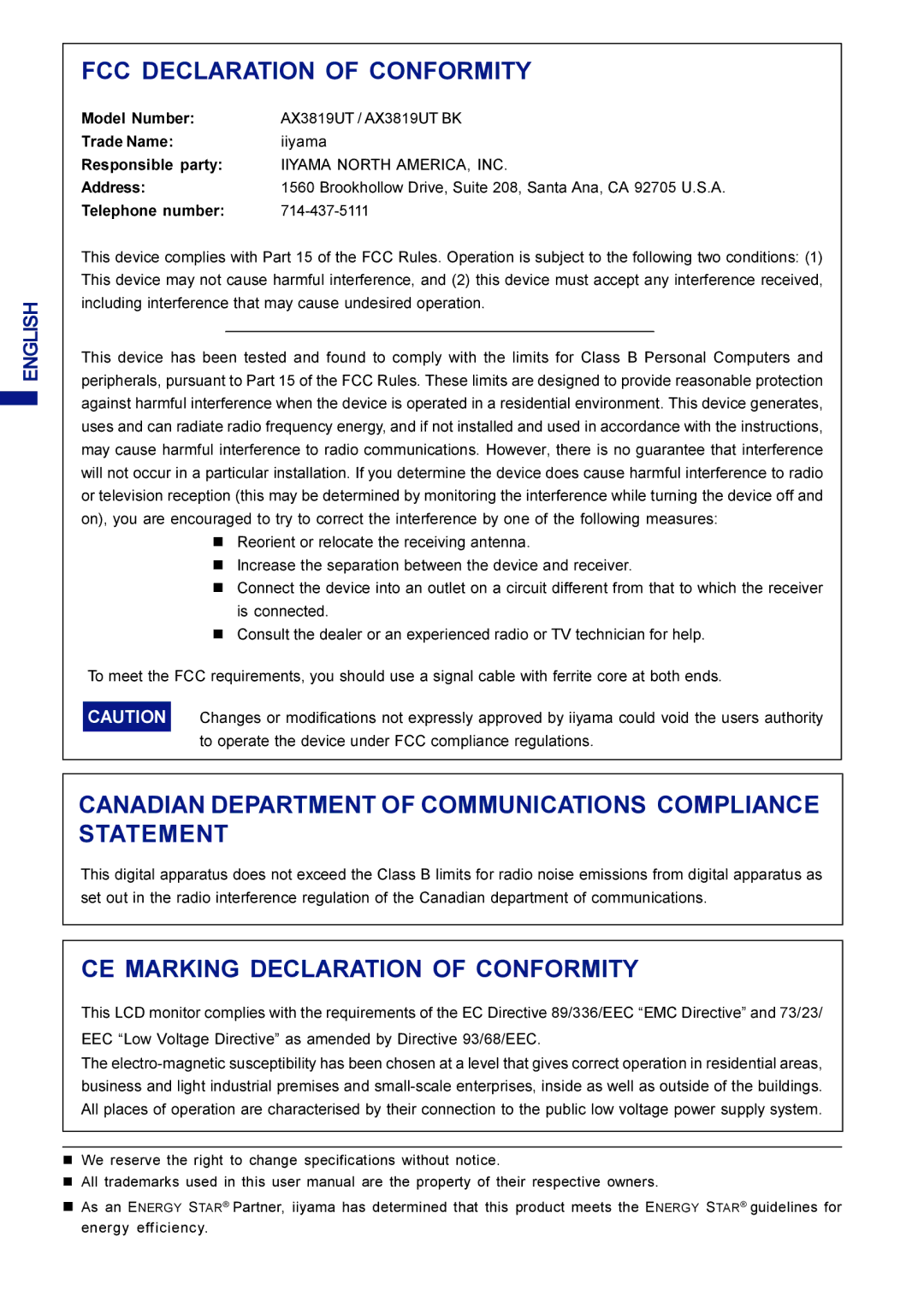 Iiyama AX3819UT BK user manual FCC Declaration of Conformity 