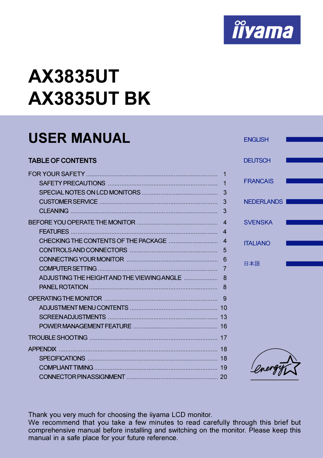 Iiyama AX3835UTBK user manual AX3835UT BK 