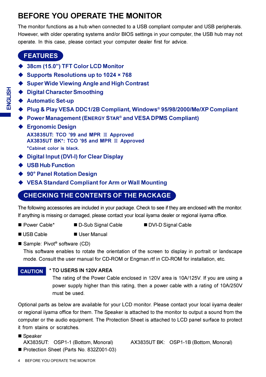 Iiyama AX3835UTBK user manual Before YOU Operate the Monitor, Features, Checking the Contents of the Package 