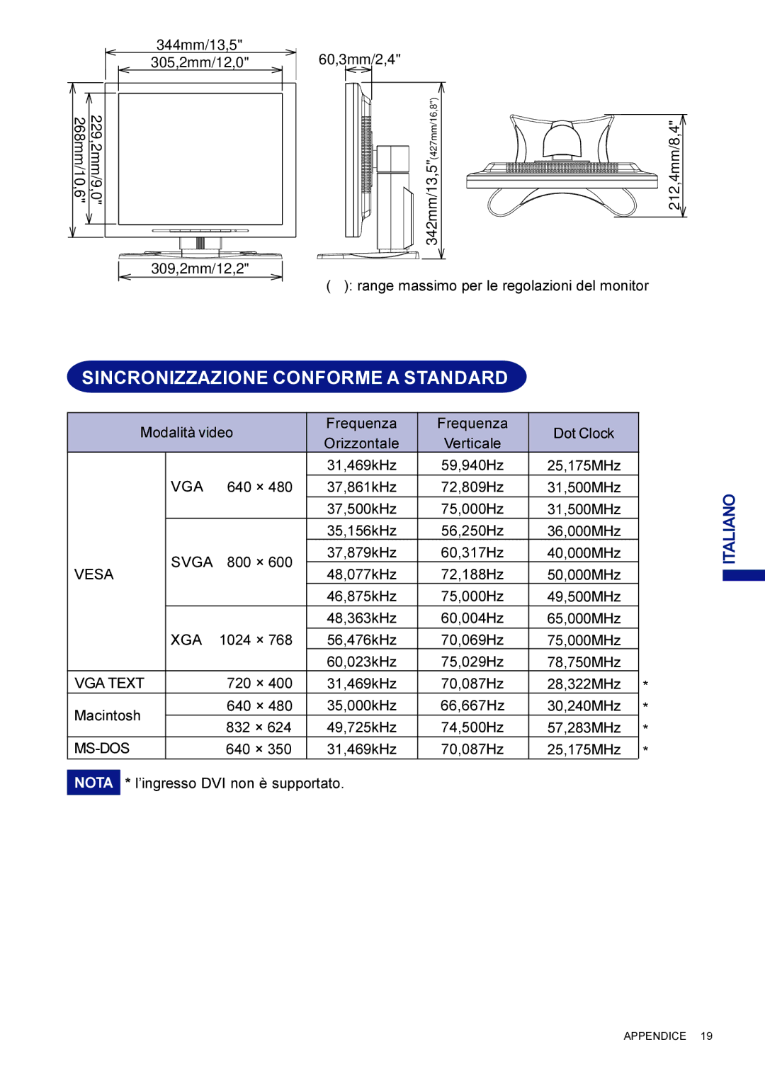 Iiyama AX3835UTBK user manual Sincronizzazione Conforme a Standard, Vga 