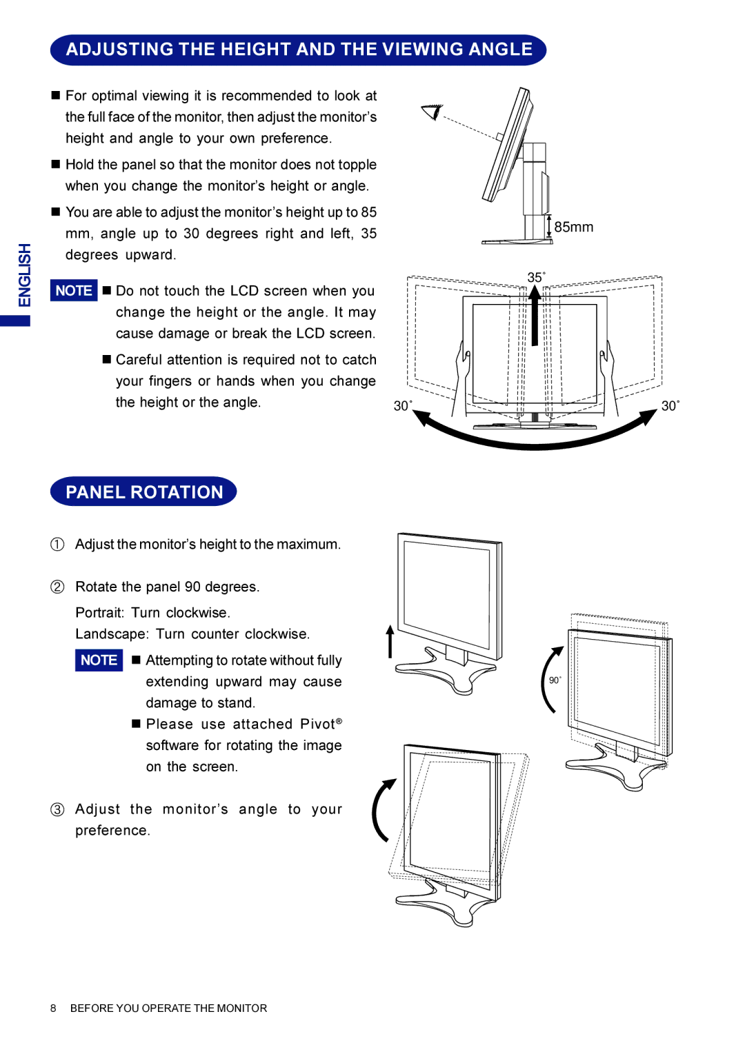 Iiyama AX3835UTBK user manual Adjusting the Height and the Viewing Angle, Panel Rotation 