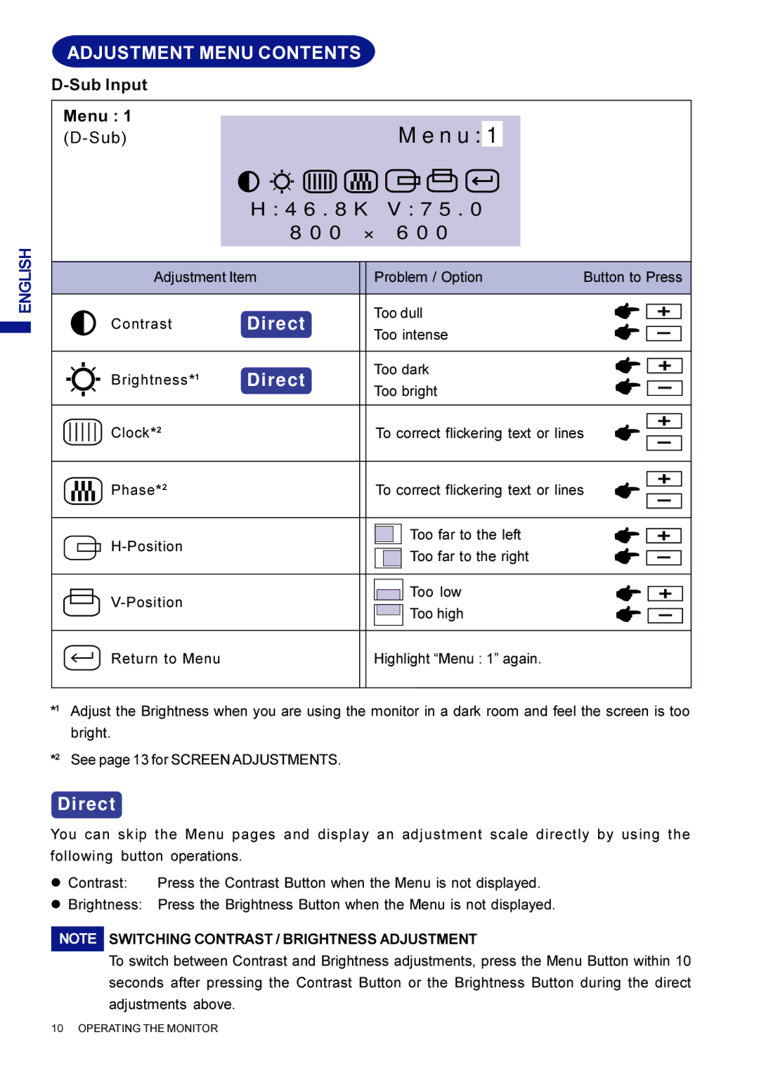 Iiyama AX3835UTBK user manual Adjustment Menu Contents, Switching Contrast / Brightness Adjustment 