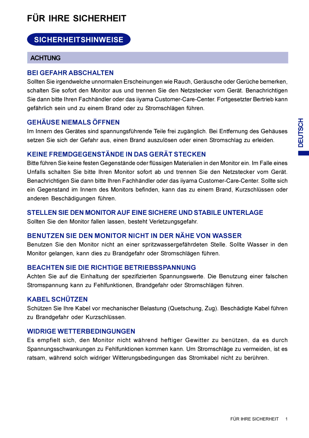 Iiyama AX3835UTBK user manual FÜR Ihre Sicherheit, Sicherheitshinweise 