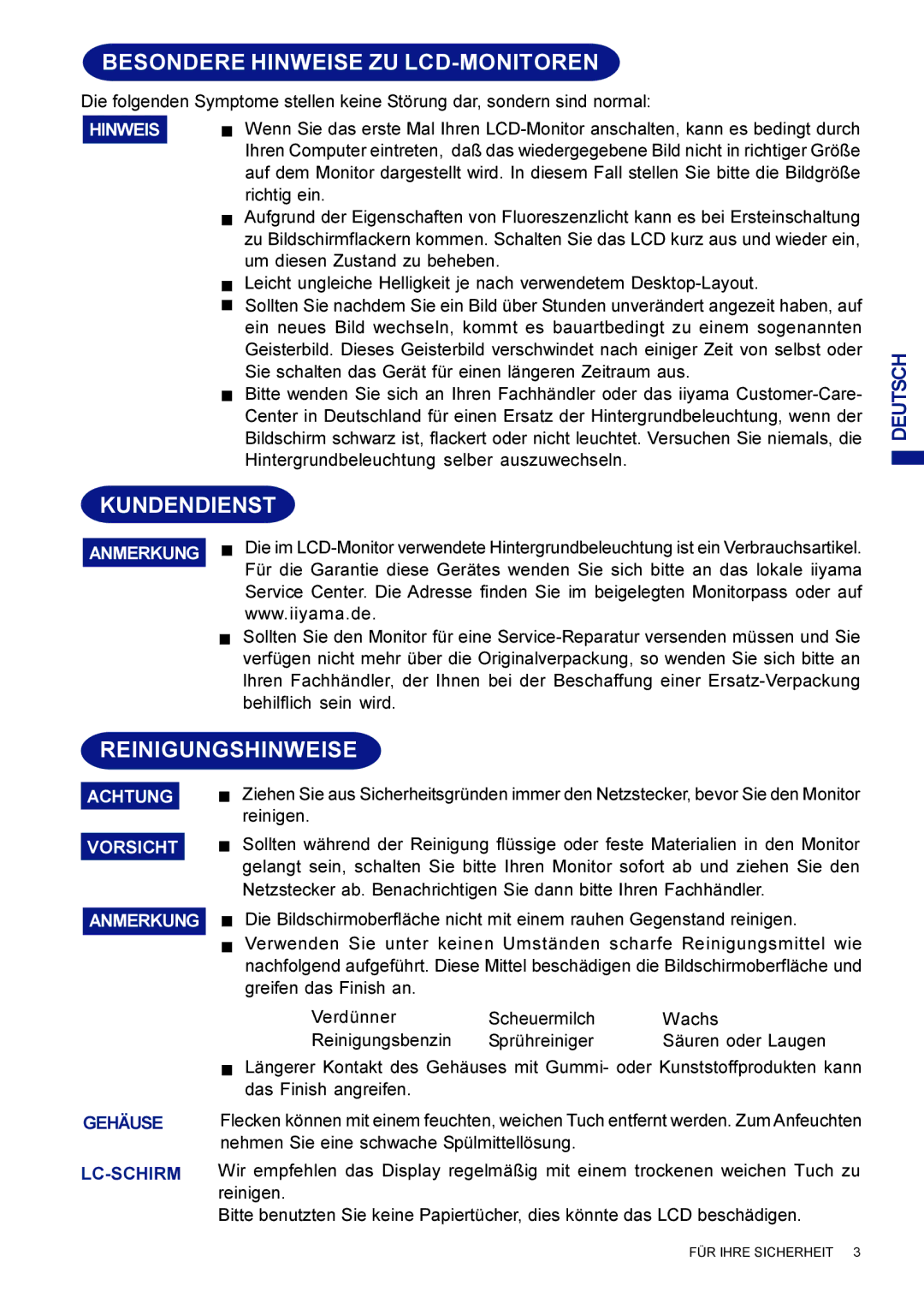 Iiyama AX3835UTBK user manual Besondere Hinweise ZU LCD-MONITOREN, Kundendienst, Reinigungshinweise 