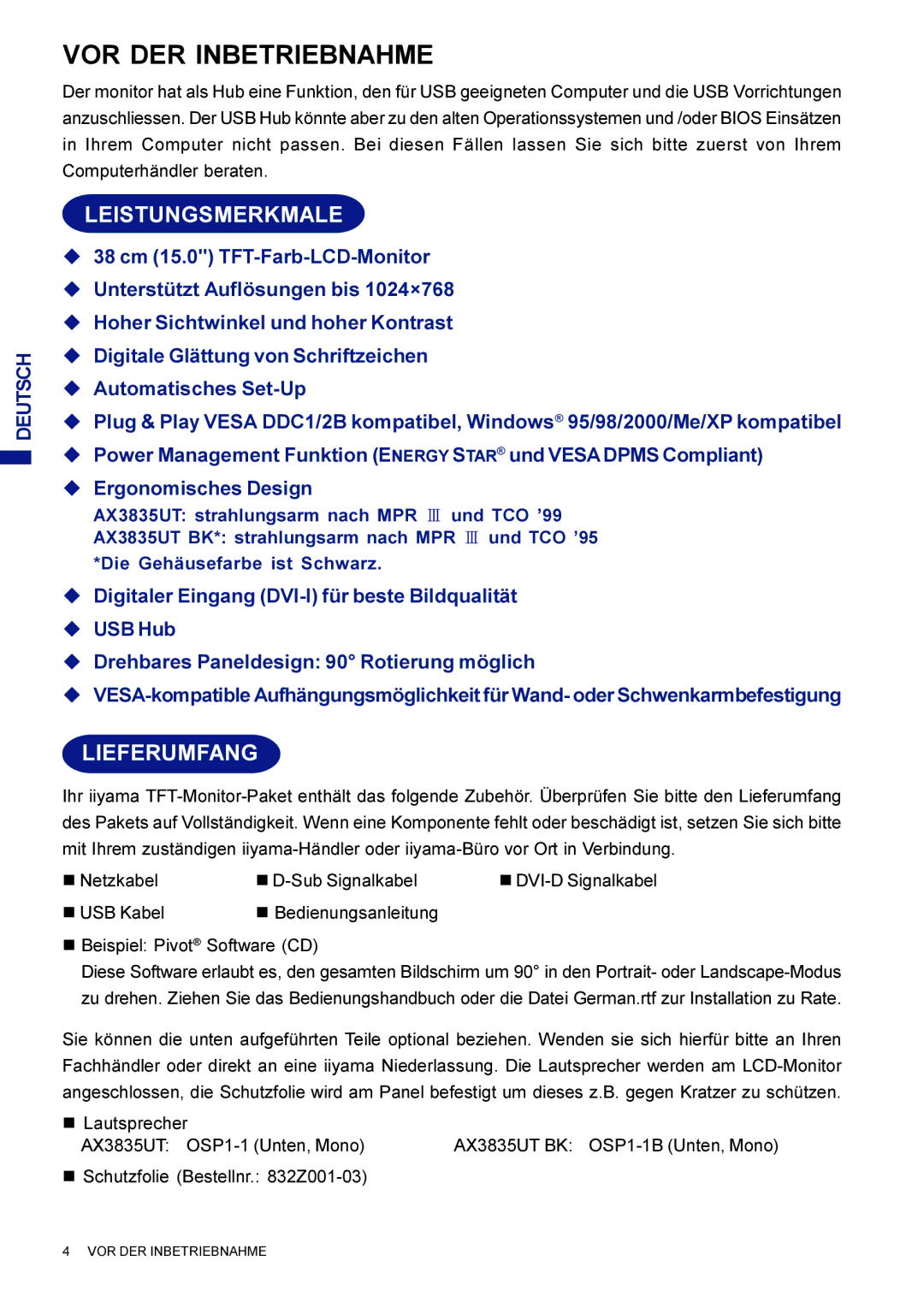 Iiyama AX3835UTBK user manual VOR DER Inbetriebnahme, Leistungsmerkmale, Lieferumfang 