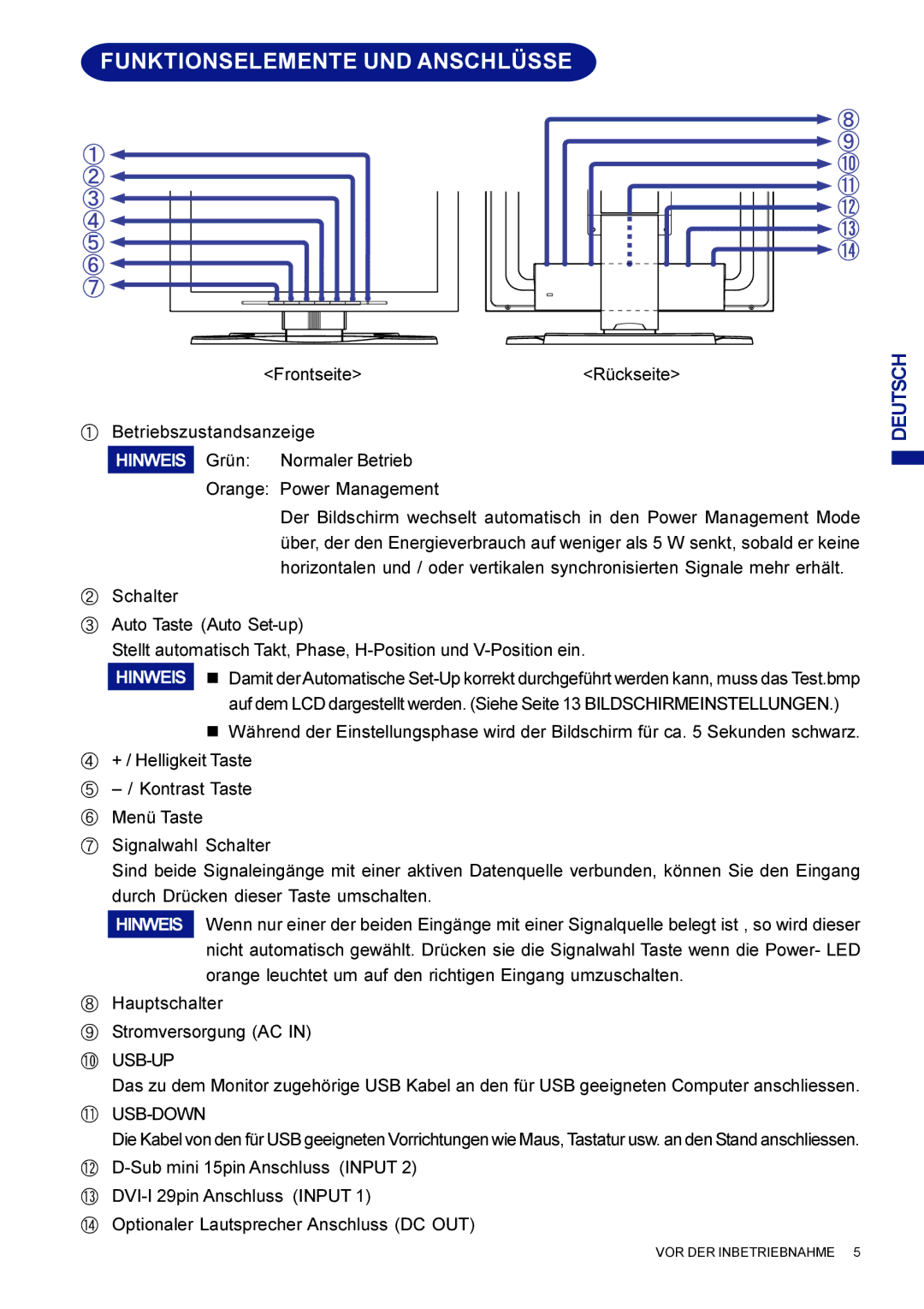 Iiyama AX3835UTBK user manual Funktionselemente UND Anschlüsse, Usb-Up 