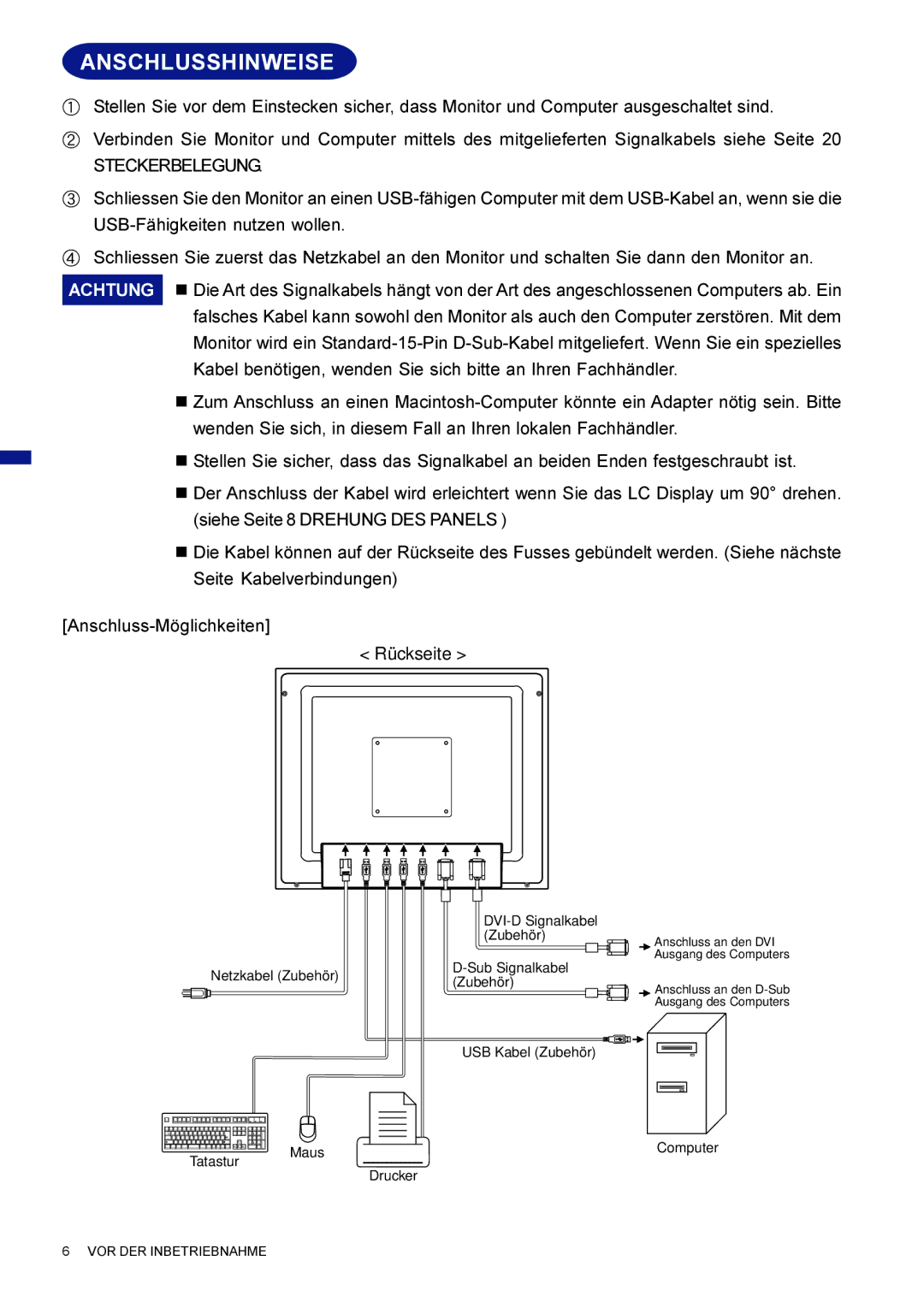 Iiyama AX3835UTBK user manual Anschlusshinweise, Steckerbelegung 