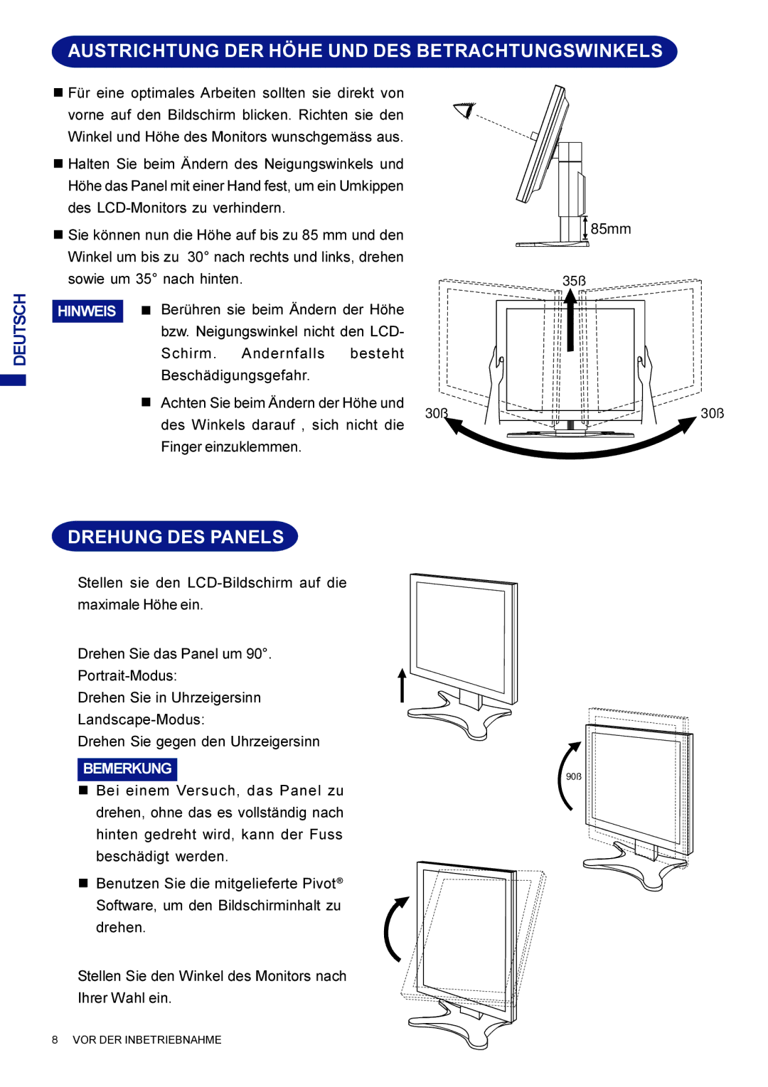 Iiyama AX3835UTBK user manual Austrichtung DER Höhe UND DES Betrachtungswinkels, Drehung DES Panels 