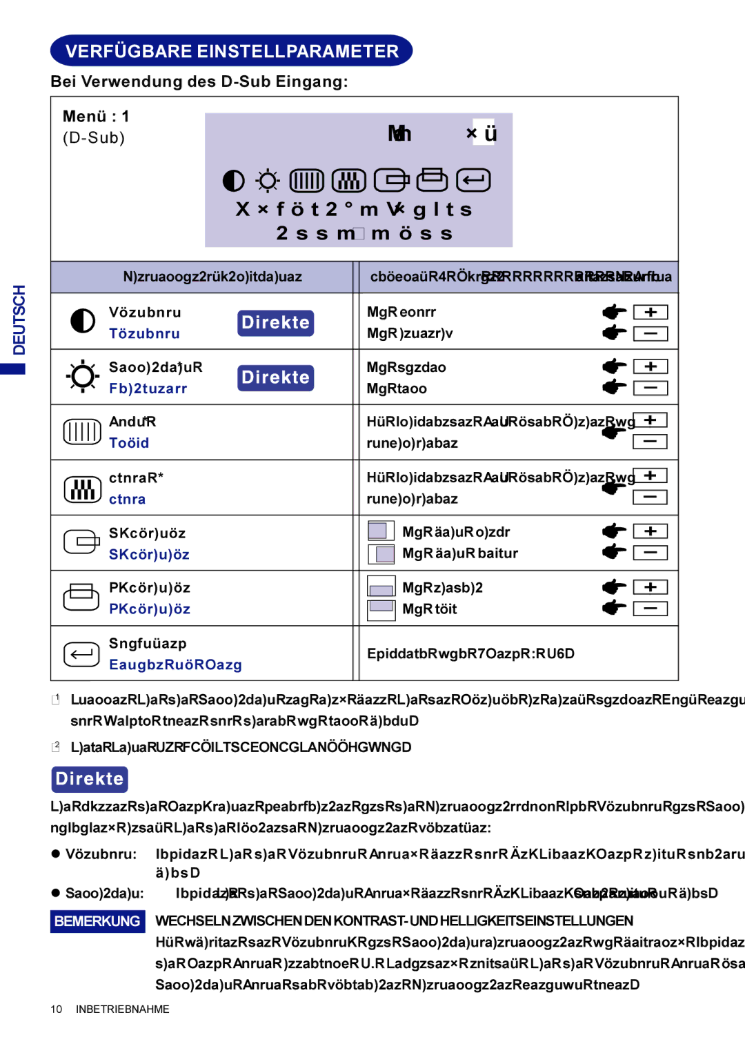 Iiyama AX3835UTBK user manual Verfügbare Einstellparameter, Wechselnzwischendenkontrast-Undhelligkeitseinstellungen 