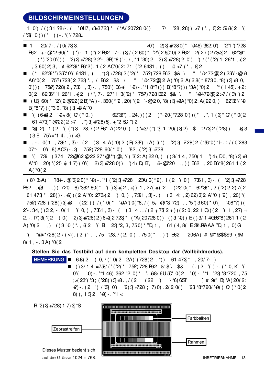 Iiyama AX3835UTBK user manual Bildschirmeinstellungen, Einstellungsmuster 