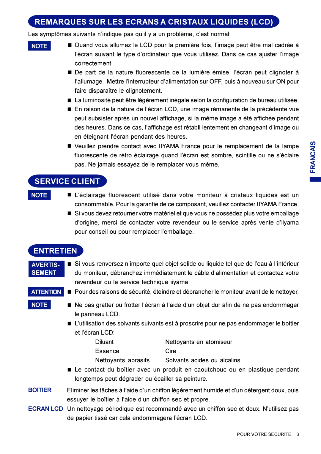 Iiyama AX3835UTBK user manual Remarques SUR LES Ecrans a Cristaux Liquides LCD, Service Client, Entretien 